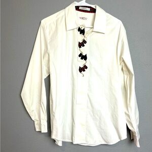 Talbots Vintage Scottish Embroidery Appliqué terrier white button blouse. Size L